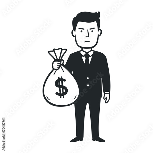 Businessman holding money bag urban setting illustration digital art portrait finance concept. Vector illustration