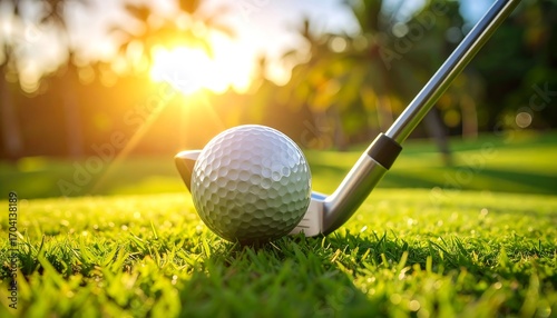 Golf Ball Ready for a Swing on the Green Course at Sunset.