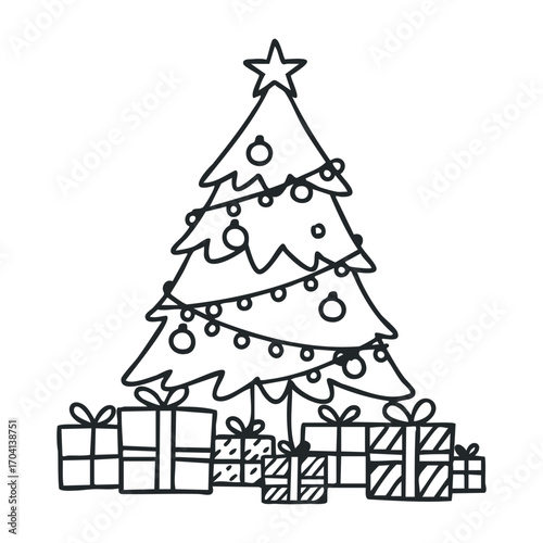 Festive christmas tree with gifts cozy living room illustration holiday spirit front view celebration vibe. Vector illustration