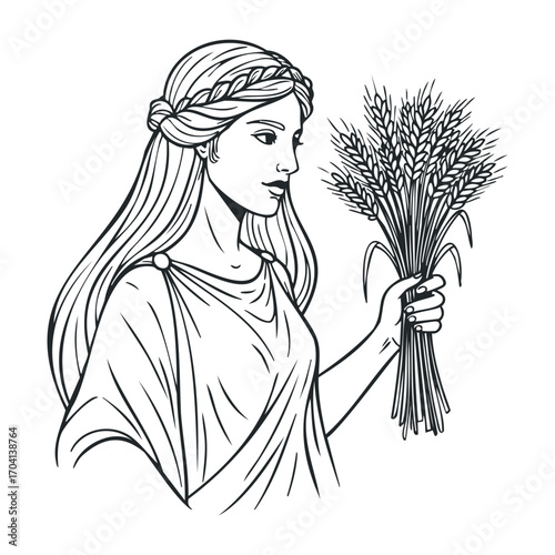 Harvest goddess holding wheat bundle ancient greece illustration serene environment side view fertility symbolism. Vector illustration