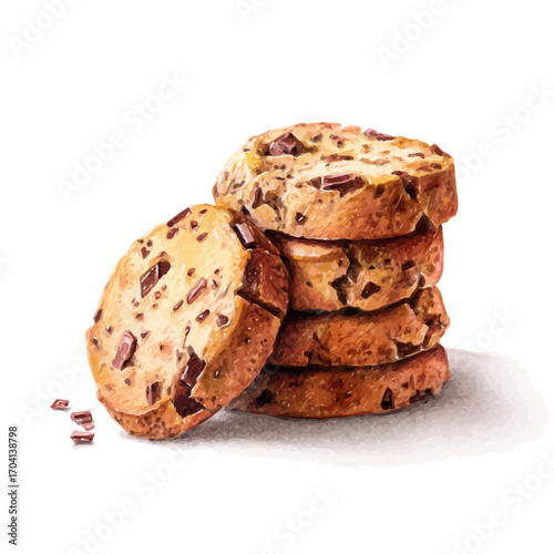 Chocolate Chip Cookies, watercolor drawing vector, isolated on a white background.