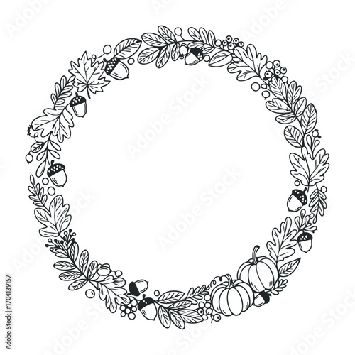 Autumn wreath decoration home illustration seasonal top view warm colors and natural elements. Vector illustration