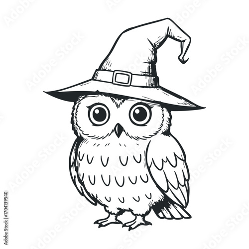Whimsical owl in a witch hat halloween theme illustration playful environment cute viewpoint. Vector illustration
