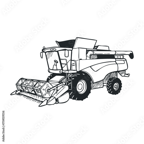 Harvesting equipment operation farm field illustration agricultural environment side view mechanized farming concept. Vector illustration