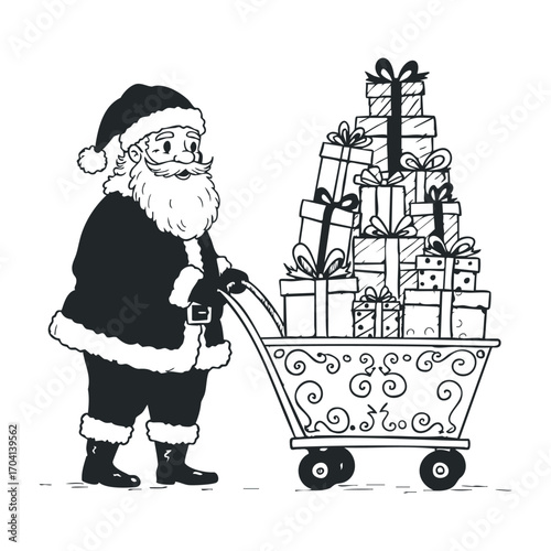 Holiday shopping action santa claus with gift cart in festive environment cheerful cartoon illustration. Vector illustration