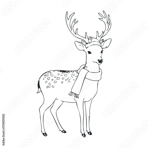 Charming winter scene with a deer wearing a scarf forest setting line art illustration nature close-up seasonal theme. Vector illustration