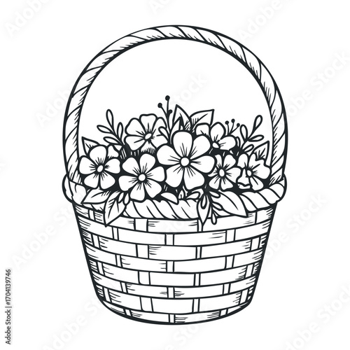 Floral arrangement in woven basket home decor hand-drawn illustration indoor setting artistic perspective. Vector illustration