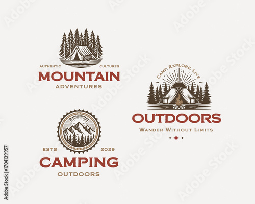 Mountain adventure vintage logos. Set of Vintage Outdoor mountains Summer Camp badges or Patches. vector emblem designs.