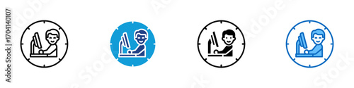 Work Time Multiple Style Icon Design Vector - Person working at computer inside a clock, symbolizing working hours or time tracking