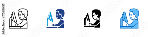 Computer Work Multiple Style Icon Design Vector - Person working at computer, symbolizing office work, study, or digital job