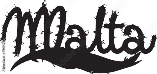 Malta with glass mini roses branches and calligraphy style by wave style bold elements in silhouette white background.