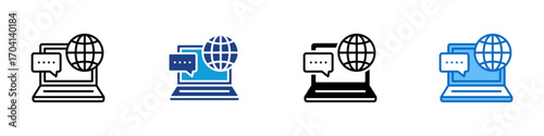 Global Communication Multiple Style Icon Design Vector - Laptop with globe and chat bubble, symbolizing online communication, global networking, or internet