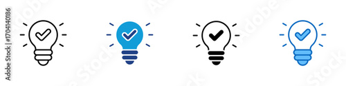 Innovation Multiple Style Icon Design Vector - Light bulb with check mark, symbolizing idea, creativity, or innovation success