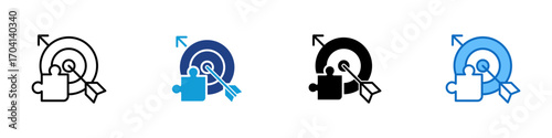 Target Strategy Multiple Style Icon Design Vector - Target board with puzzle piece and arrow, representing focus, accuracy, or business strategy