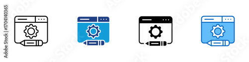 Web Development Multiple Style Icon Design Vector - Browser window with gear and pencil, symbolizing coding, website building, and digital tools