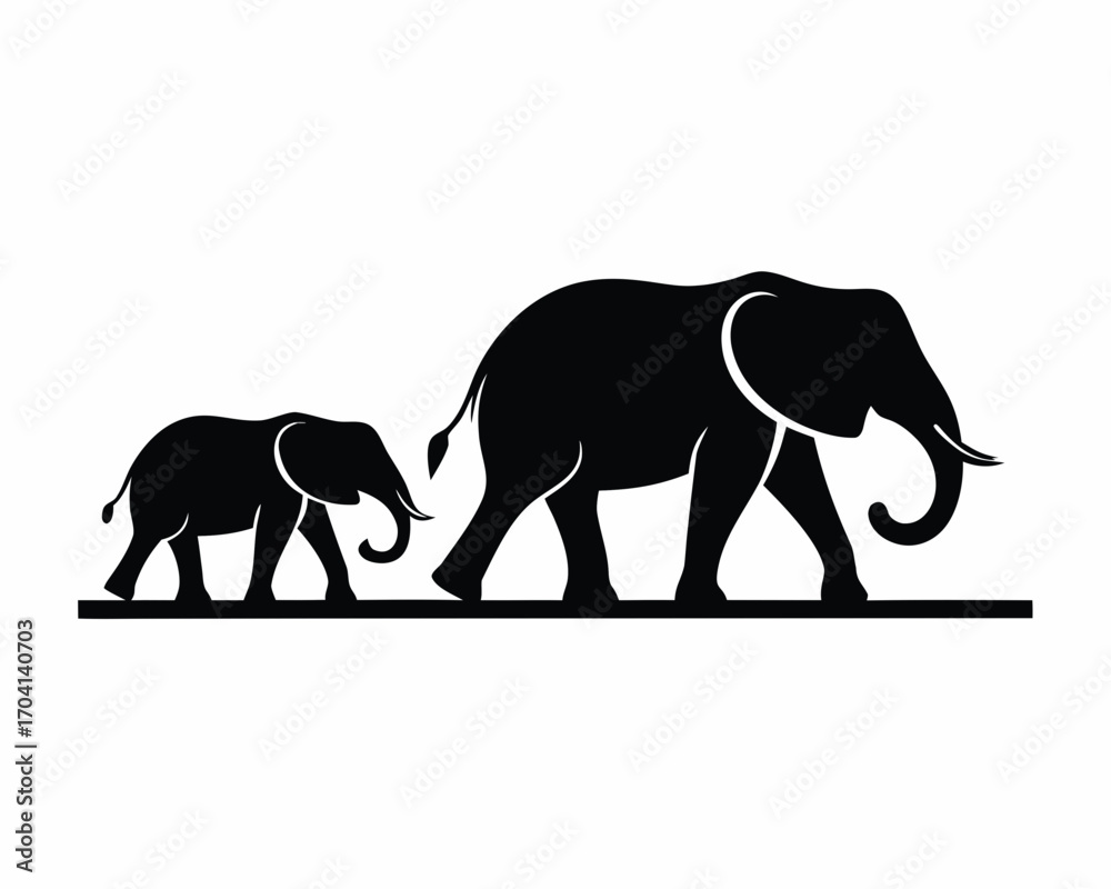Fototapeta premium Elephant family walking silhouette illustration