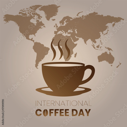 International Coffee Day Celebration with World Map and a Coffee Cup