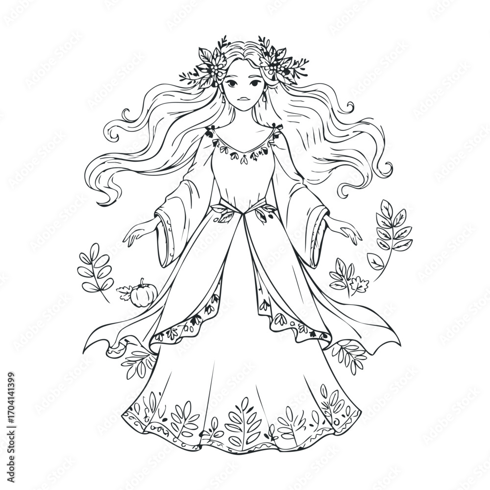 Fototapeta premium Enchanting forest spirit autumn landscape line art illustration whimsical environment creative viewpoint nature concept. Vector illustration