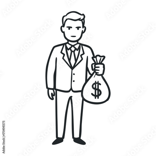 Business transaction man holding money bag office setting illustration professional environment direct view wealth concept. Vector illustration