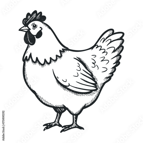 Charming chicken illustration farmyard digital art rustic setting side view whimsical concept. Vector illustration