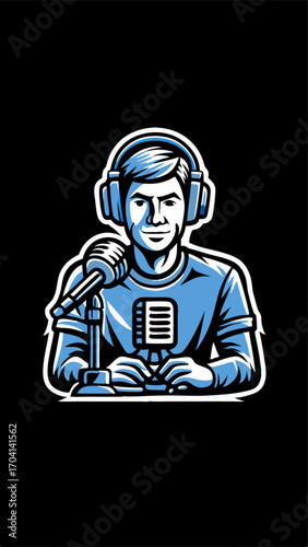 Hand drawn a person recording a podcast colorful image. Vintage style. Vector illustration.