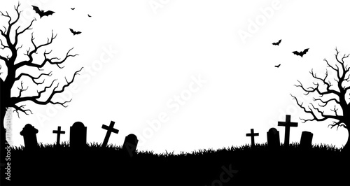 Horizontal banner with black silhouette of cemetery and trees on a white background. Nightmare landscape. Halloween vector illustration for sticker, banner, invitation, poster