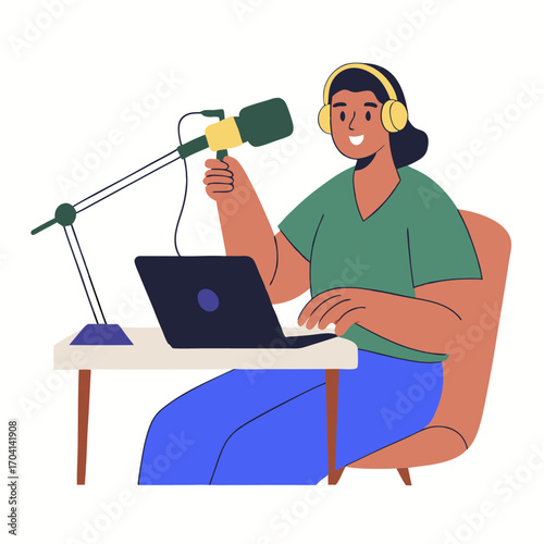 A person recording a podcast image. Flat image isolated on white background. Vector illustration.