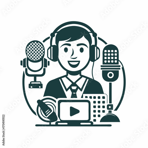 A person recording a podcast image. Simple flat illustration on a white background. Vector graphic.