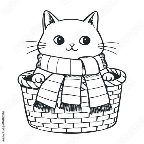 Playful cat in a cozy basket home illustration indoor front view whimsical design. Vector illustration