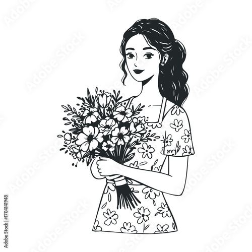 Woman holding bouquet of flowers garden illustration natural setting close-up beauty and freshness. Vector illustration