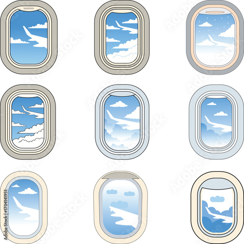 Airplane Windows Icons Set, Airplane Window SVG Bundle, Aircraft window travel conception symbol illustration