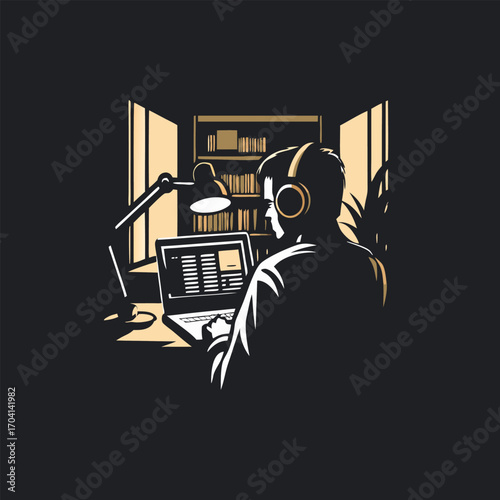 A person recording a podcast engraved vintage image. Vector illustration.