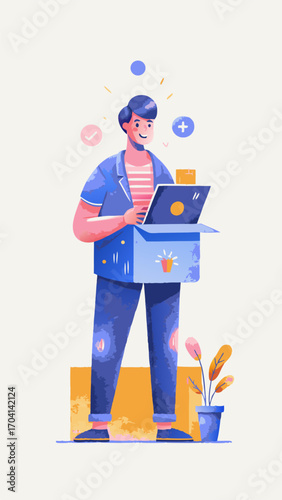 A person unboxing new tech watercolor image. Flat style. Vector illustration.