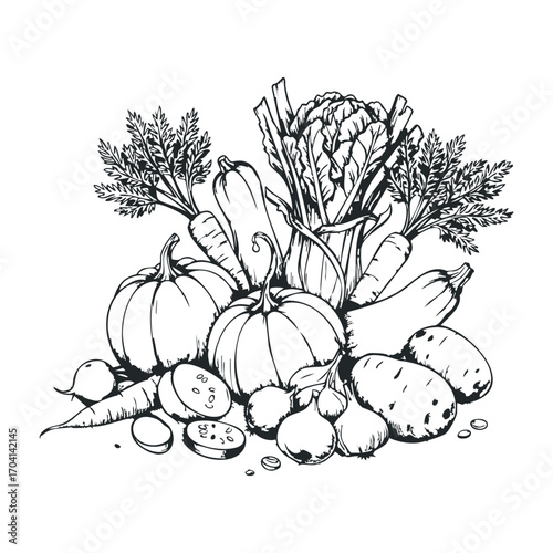 Harvesting fresh vegetables a bountiful display of organic produce kitchen illustration rustic overhead view culinary art. Vector illustration