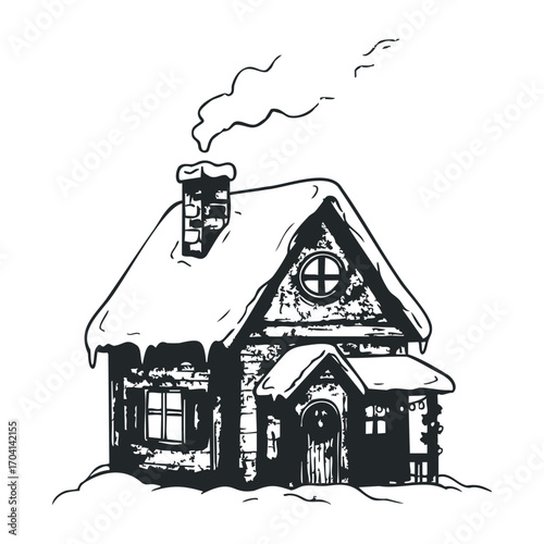 Winter wonderland cottage snowy landscape illustration cozy atmosphere artistic viewpoint charming concept. Vector illustration