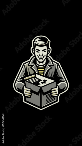 Hand drawn a person unboxing new tech colorful image. Vintage style. Vector illustration.