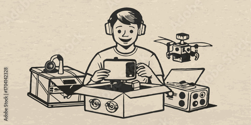 A person unboxing new tech monochrome vintage image. Flat vector illustration.