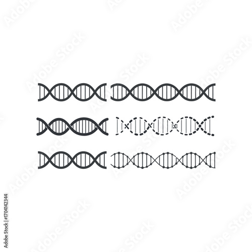 Three stylized D N A double helix icons in dark gray on white background science genetics