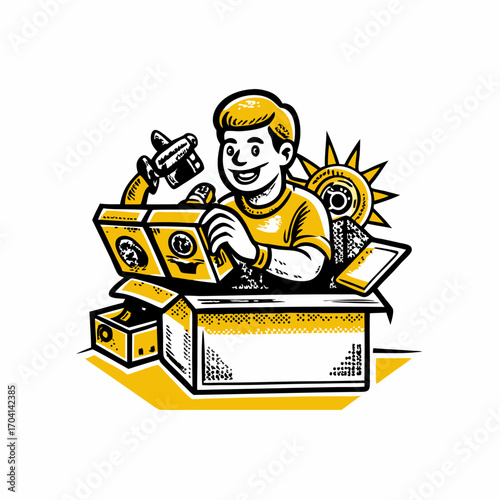 Hand drawn a person unboxing new tech image. Flat image isolated on white background. Vector illustration.