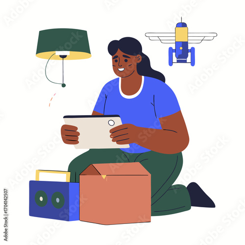 A person unboxing new tech image. Flat image isolated on white background. Vector illustration.