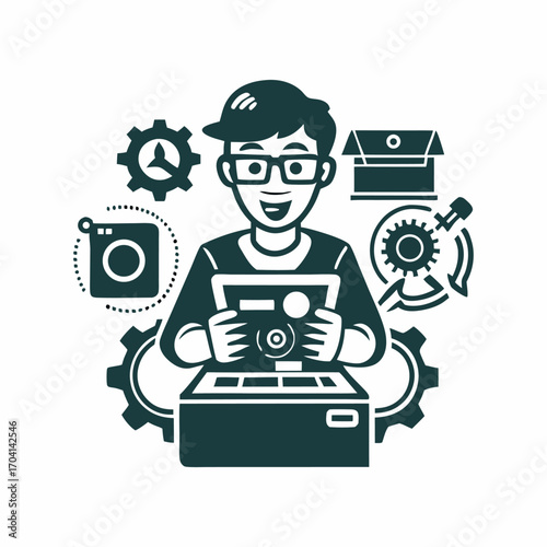 A person unboxing new tech image. Simple flat illustration on a white background. Vector graphic.