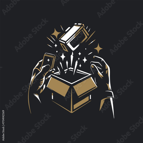 A person unboxing new tech engraved vintage image. Vector illustration.