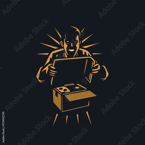 A person unboxing new tech engraved vintage image. Vector illustration.
