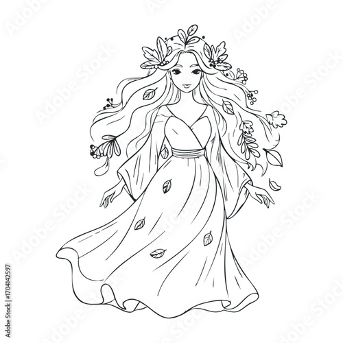 Enchanting nature spirit forest glade illustration whimsical front view feminine energy. Vector illustration