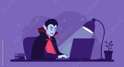 Cartoon vampire working on a laptop at a desk with a lamp  