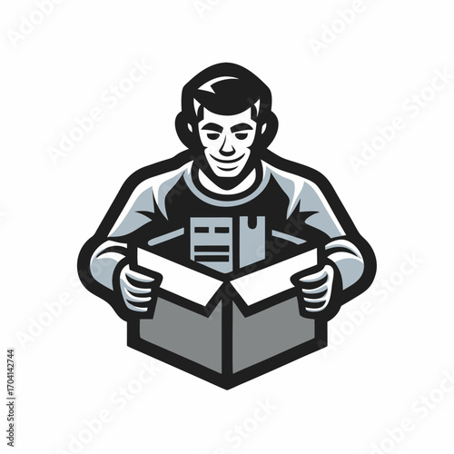 A person unboxing new tech emblem. Flat style. Vector illustration.