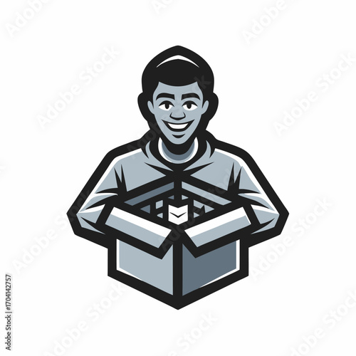 A person unboxing new tech emblem. Flat style. Vector illustration.