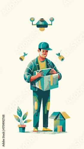 A person unboxing new tech watercolor image. Flat style. Vector illustration.