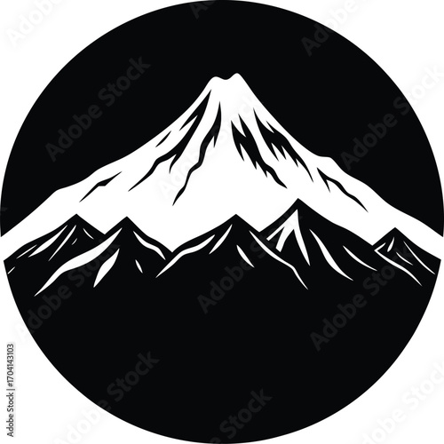 Mountain peak silhouette in a circle frame for logo or icon design on white background