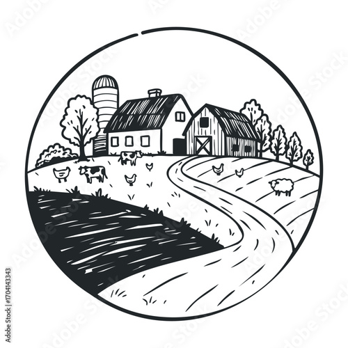 Rural landscape with farmhouses and animals countryside illustration serene environment aerial view agricultural concept. Vector illustration